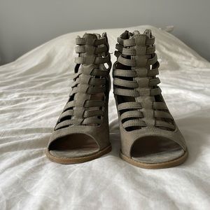 Olive green strappy sandals with 3 inch block heel